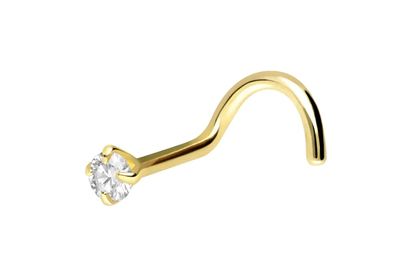 18K Gold Nose Ring Corkscrew - Flat Mini Crystal