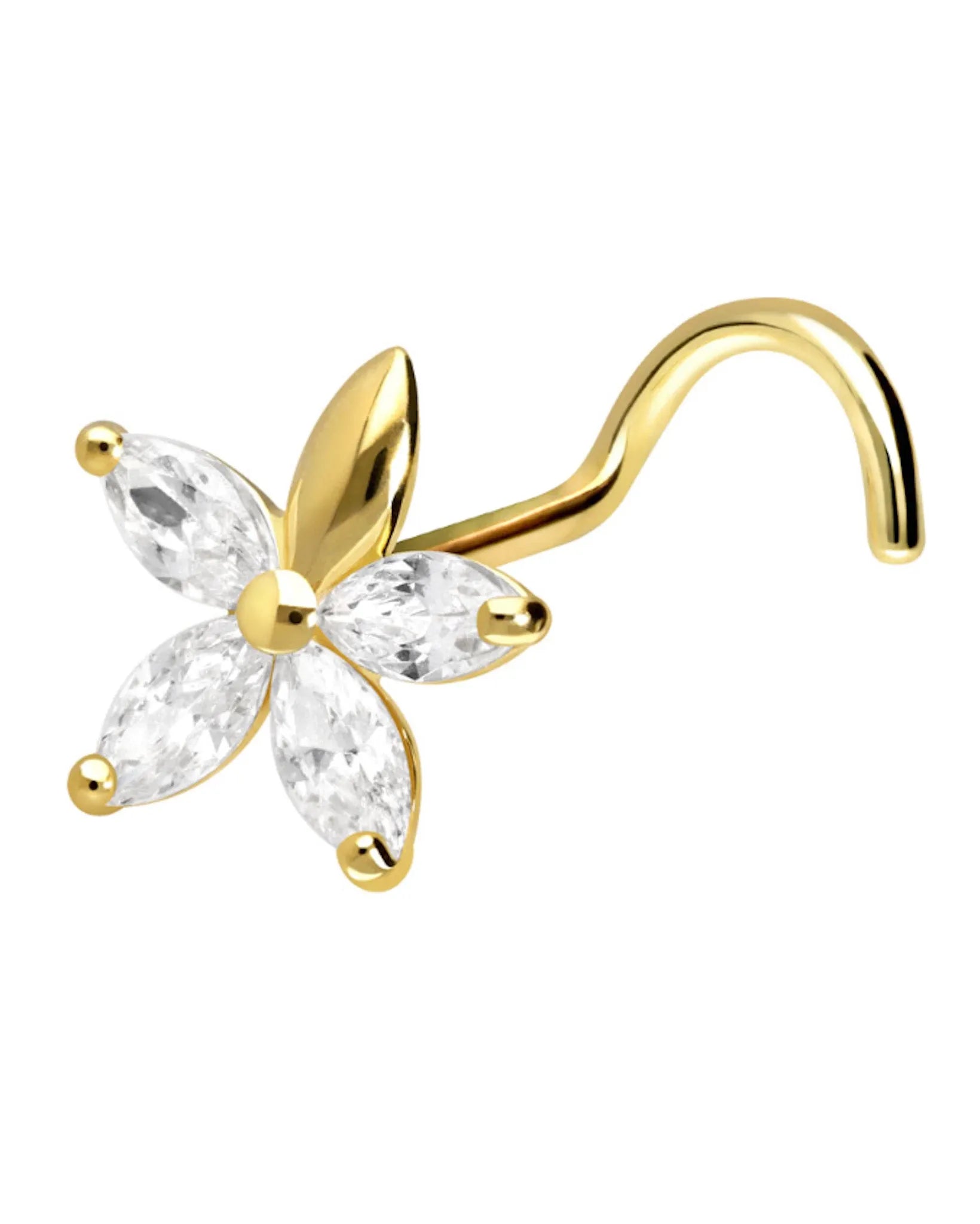 18K Gold Nose Ring Corkscrew - Sparkly Petals
