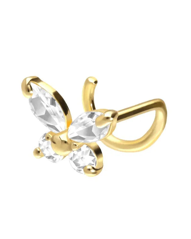 18K Gold Nose Ring Corkscrew - Sparkly Butterfly