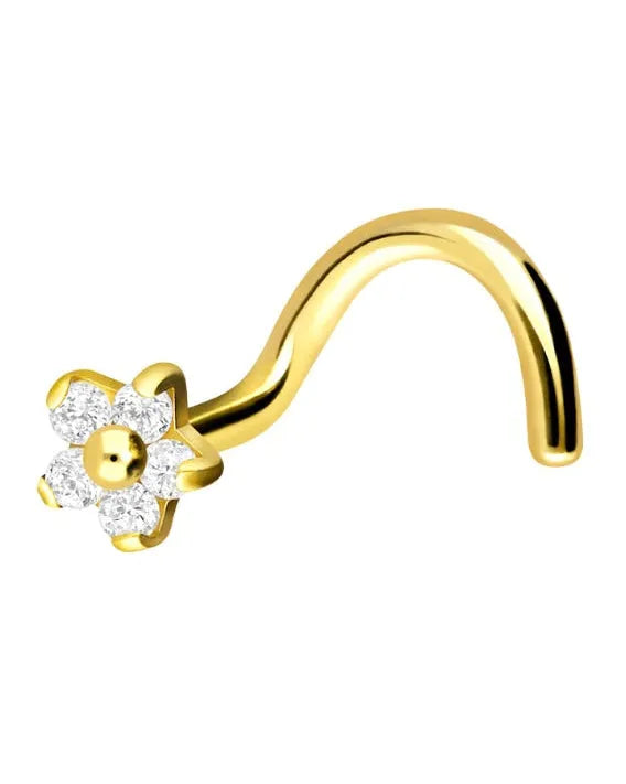 Surgical Steel Nose Ring Corkscrew Stud - Dainty Crystal Flower