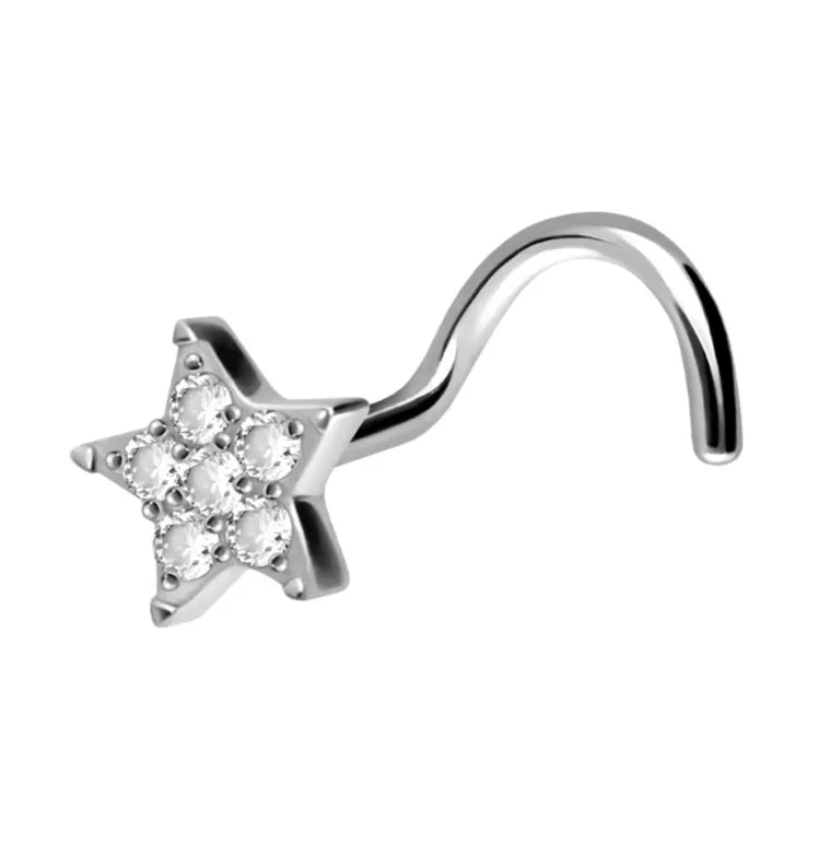 Titanium Nose Ring Corkscrew Stud - Sparkly Star