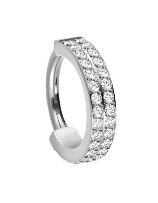 Titanium Clicker Piercing Hoop - Double Crystal Row