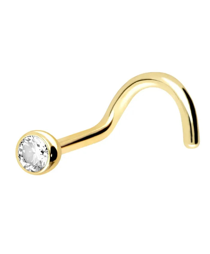 18K Gold Nose Ring Corkscrew - Medium Size Crystal