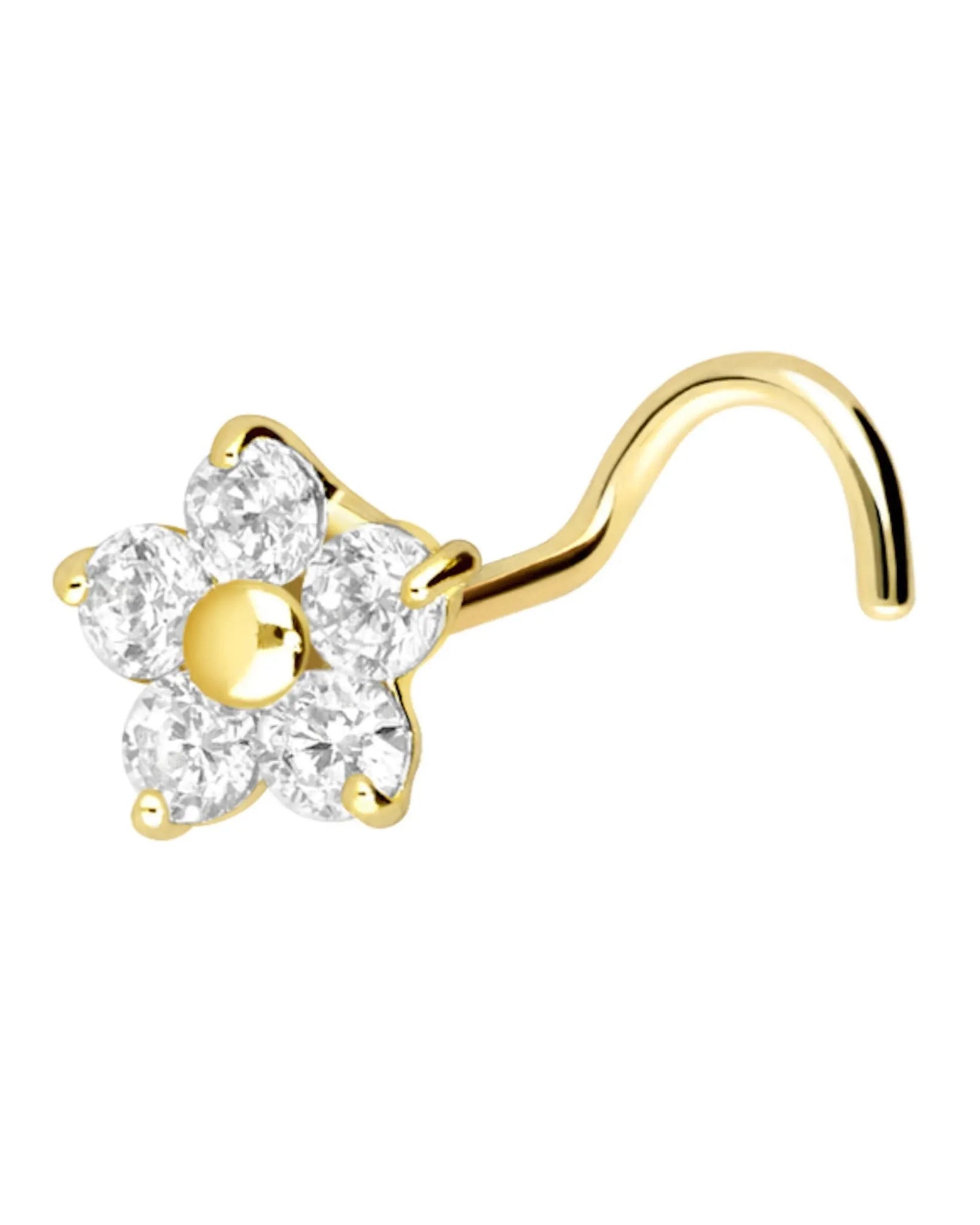18K Gold Nose Ring Corkscrew - Elegant Flower