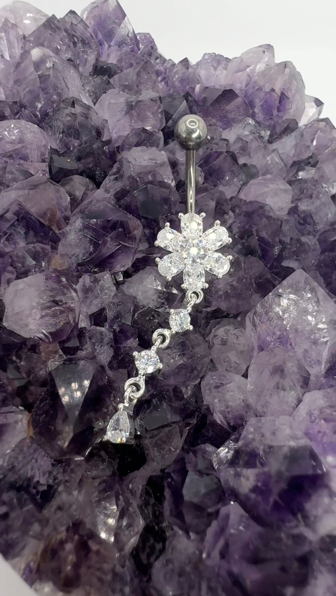 Titanium/ 925 silver - Belly Button Piercing Crystal Flower + Dangling Gems