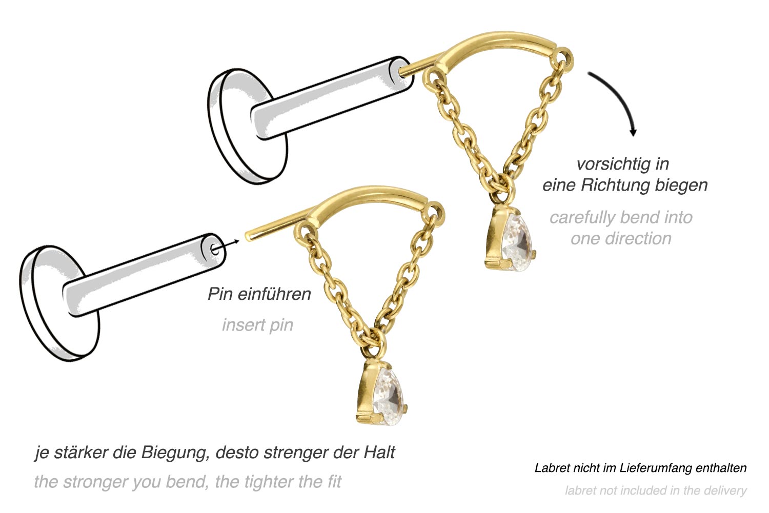 Titanium Hidden Helix Push Pin Flat Back - Floating Crystal Drop