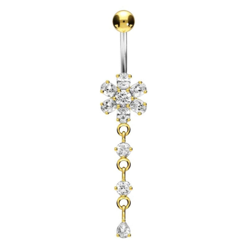 Titanium/ 925 silver - Belly Button Piercing Crystal Flower + Dangling Gems