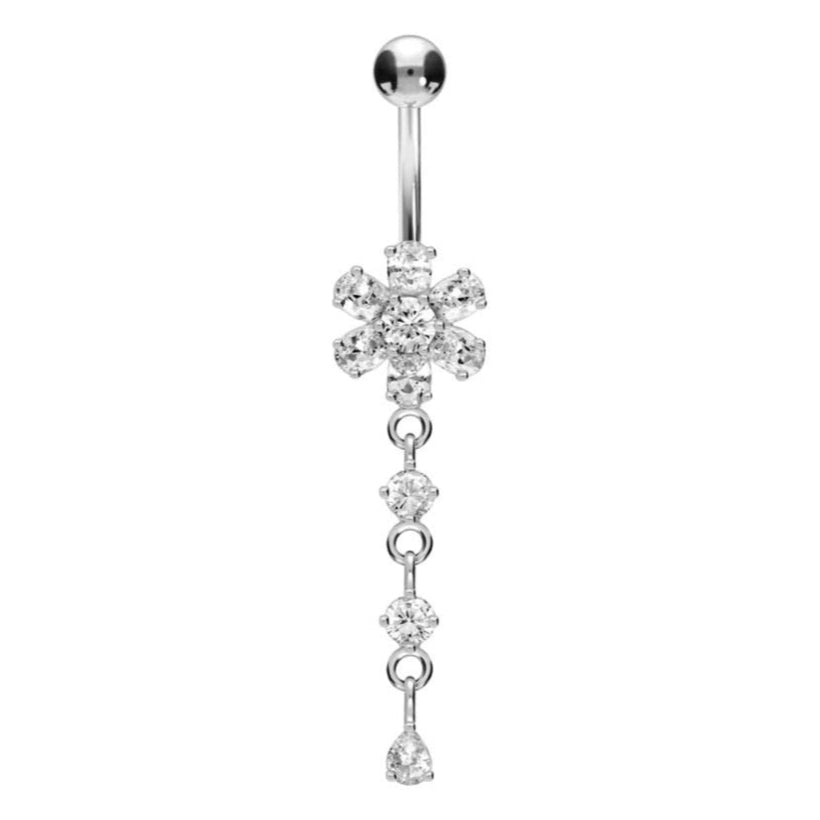 Titanium/ 925 silver - Belly Button Piercing Crystal Flower + Dangling Gems