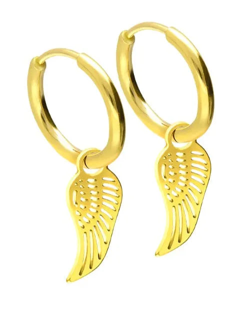 non-tarnish gold dangle hoop earrings featuring angel wings