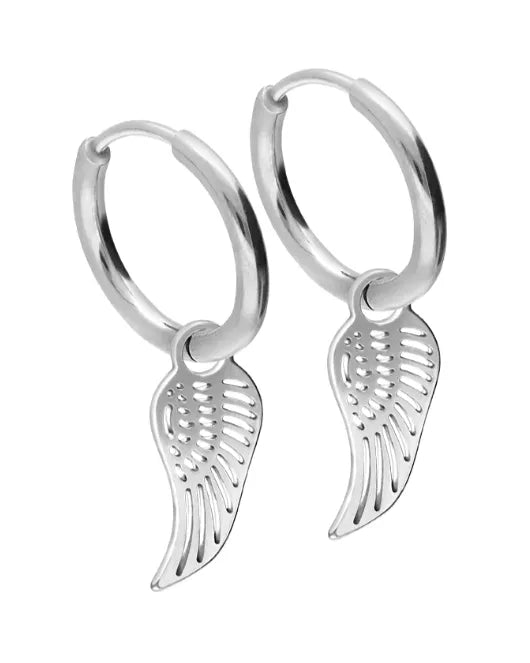 non-tarnish dangle hoop earrings featuring angel wings