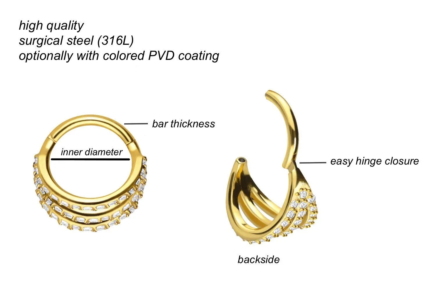 Surgical Steel Clicker Piercing Hoop - 3 Crystal Rows