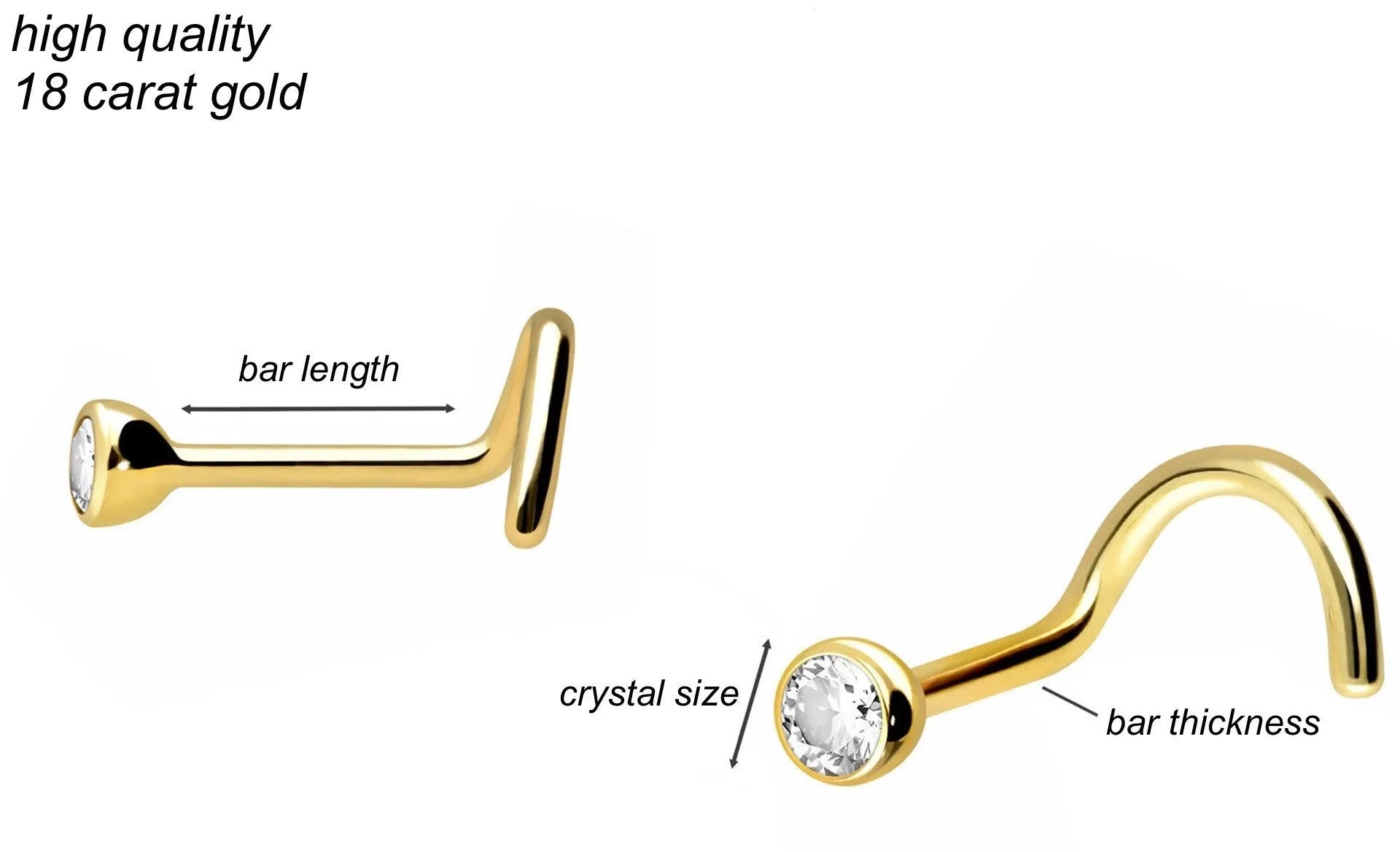 18K Gold Nose Ring Corkscrew - Medium Size Crystal