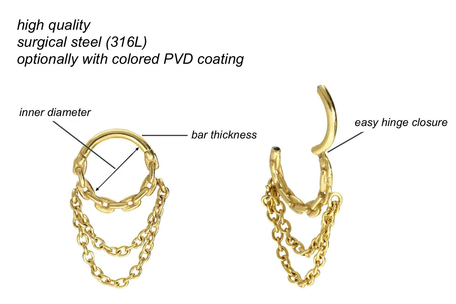 Surgical Steel Clicker Piercing Hoop - Dangling Chains